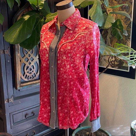 Buckle BKE Boho Western Fitted Mixed Knit Pearl Snap Down Ombré Shirt - Picture 2 of 13